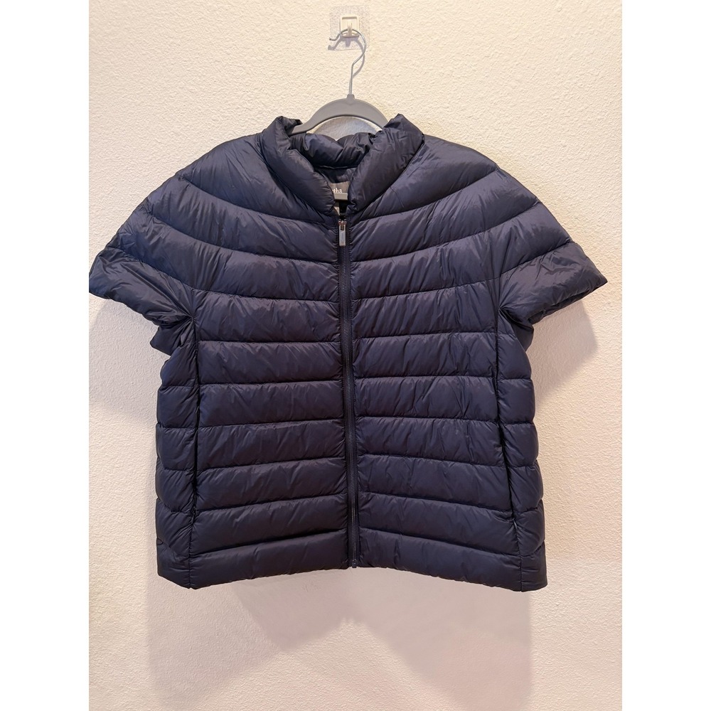 Martha Stewart Jacket Womens XL Navy Down Puffer Short Sleeve Full Zip Quilted